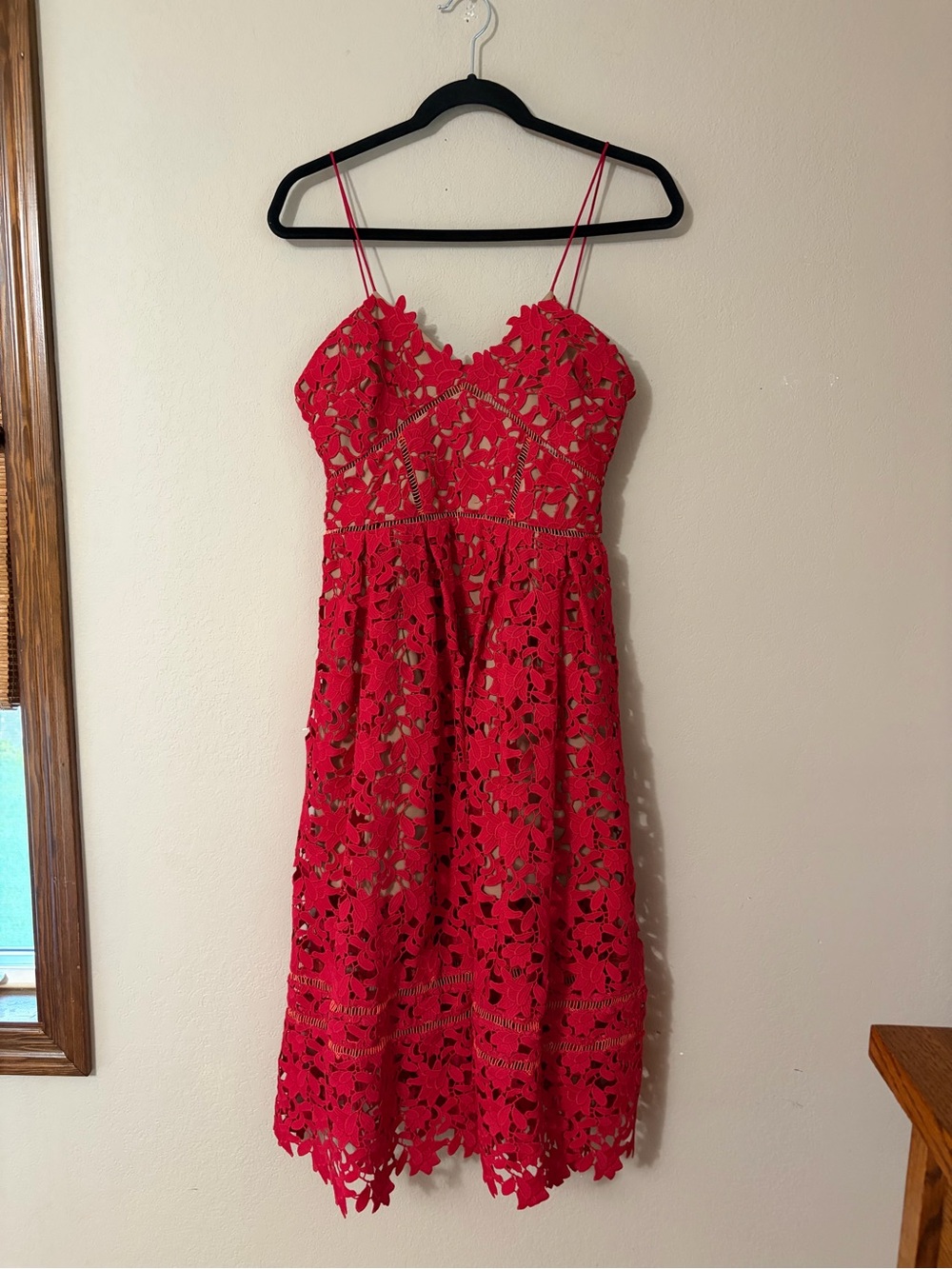 Self-Portrait NWOT Red Azaelea Floral Guipure Lace Midi Dress US 8 UK 12
